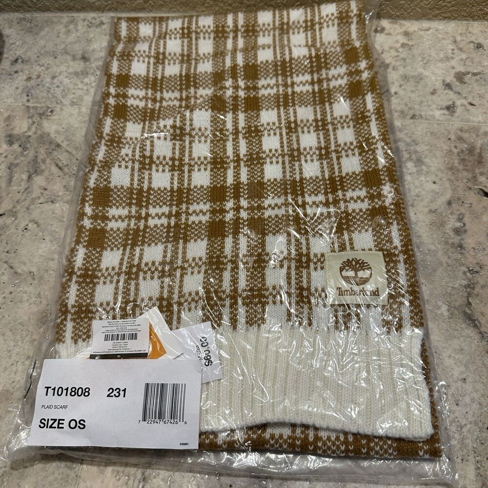 NWT Timberland Brown/White Buffalo‎ Plaid Scarf Unisex One Size 68 x 10